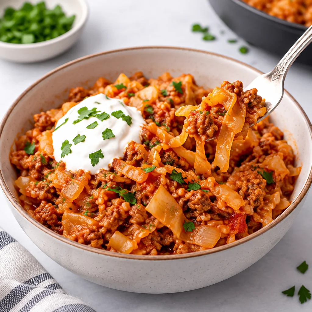 Image of easy unstuffed cabbage rolls recipe served in a bowl with ground beef and rice.