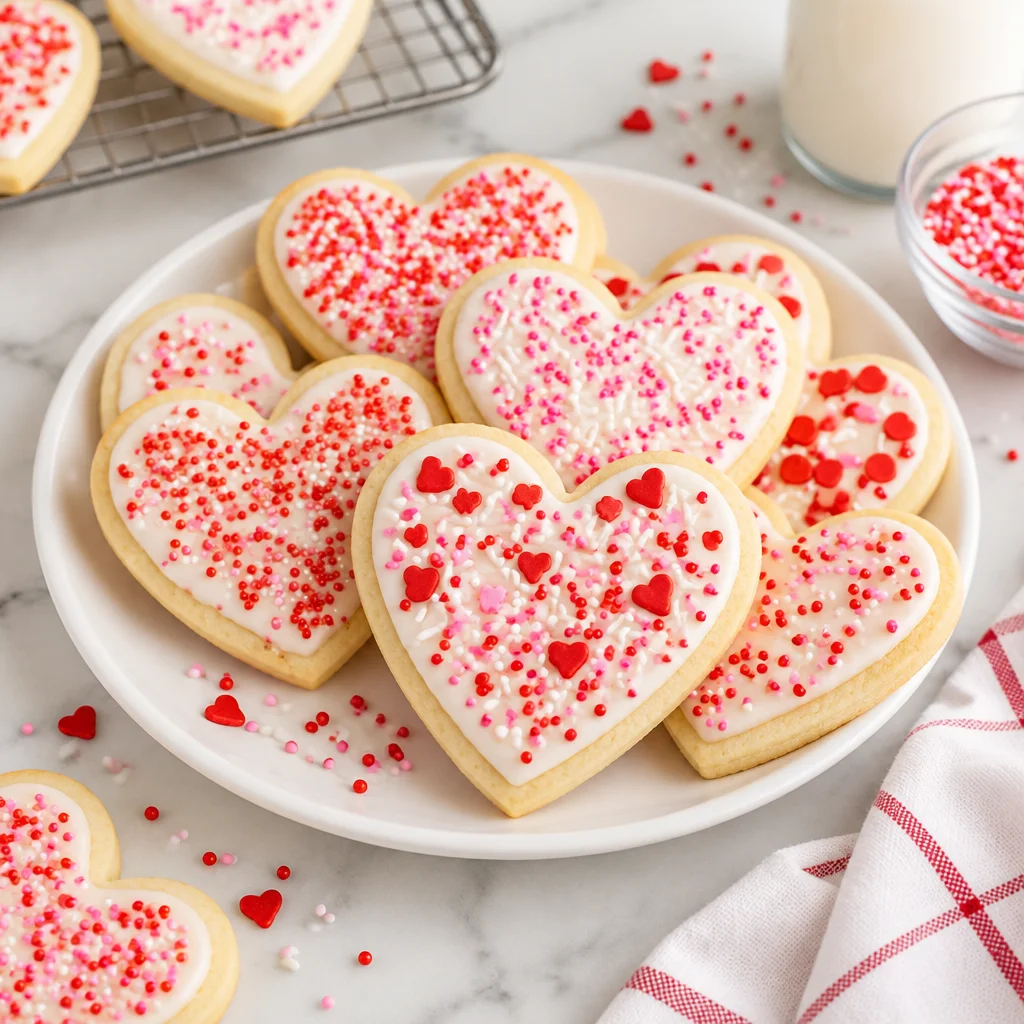 Decorated Easy Valentine Sugar Cookies in heart shapes with frosting and sprinkles.