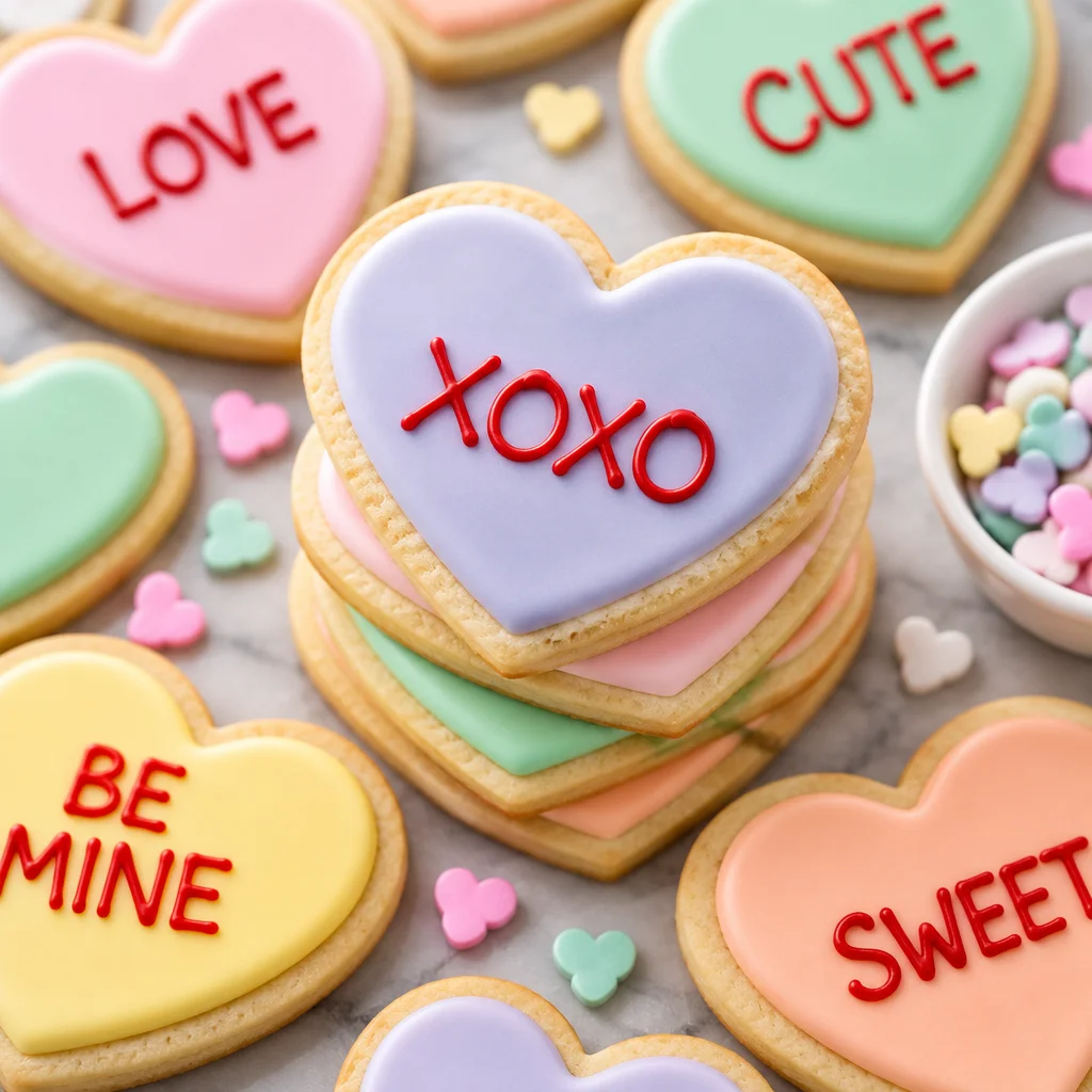Heart-shaped Valentine's Day cookies decorated with royal icing and sprinkles