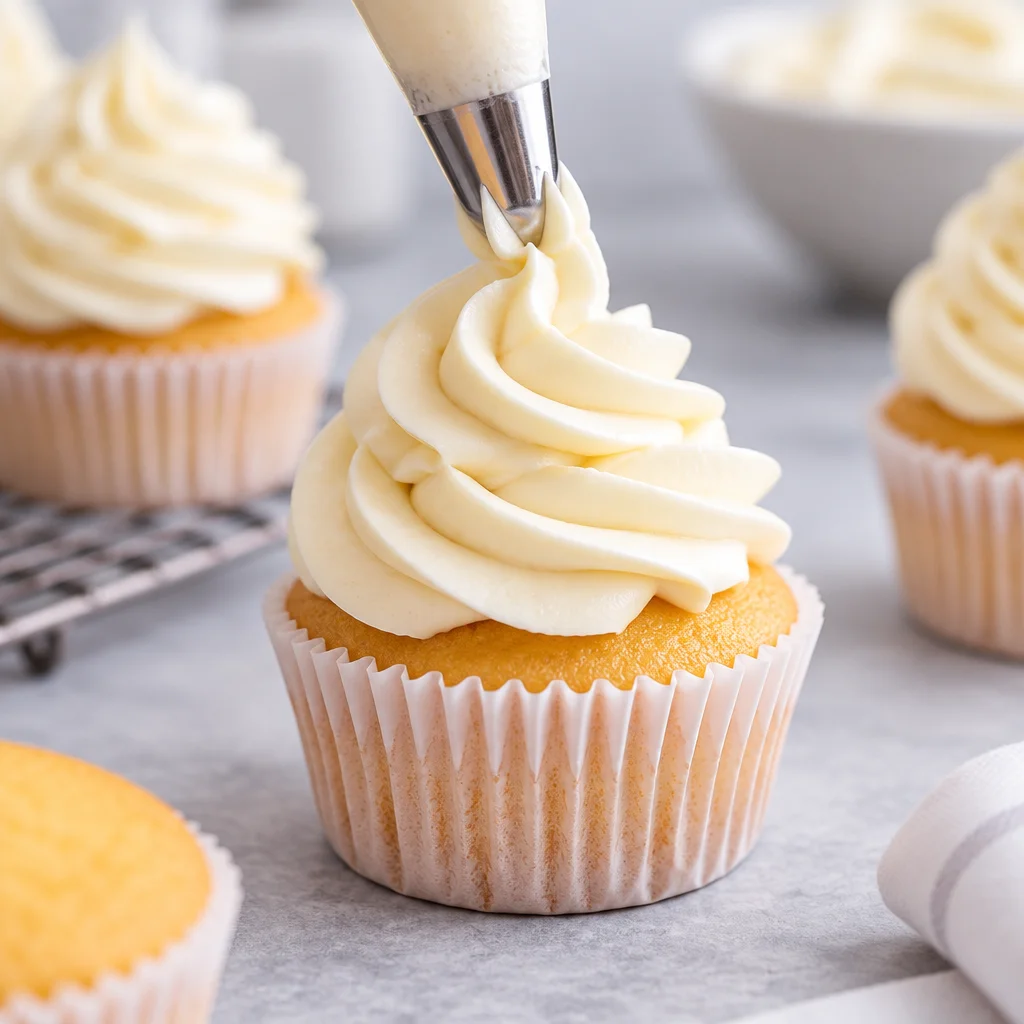 Fluffy vanilla cupcakes topped with smooth buttercream frosting and colorful sprinkles