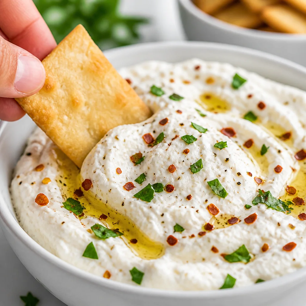 Easy Whipped Feta Dip served with pita and vegetables, perfect for gatherings.