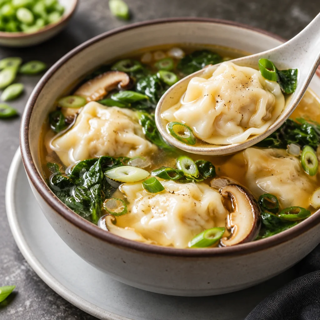 Bowl of homemade Easy Wonton Soup with fresh ingredients and savory wontons.