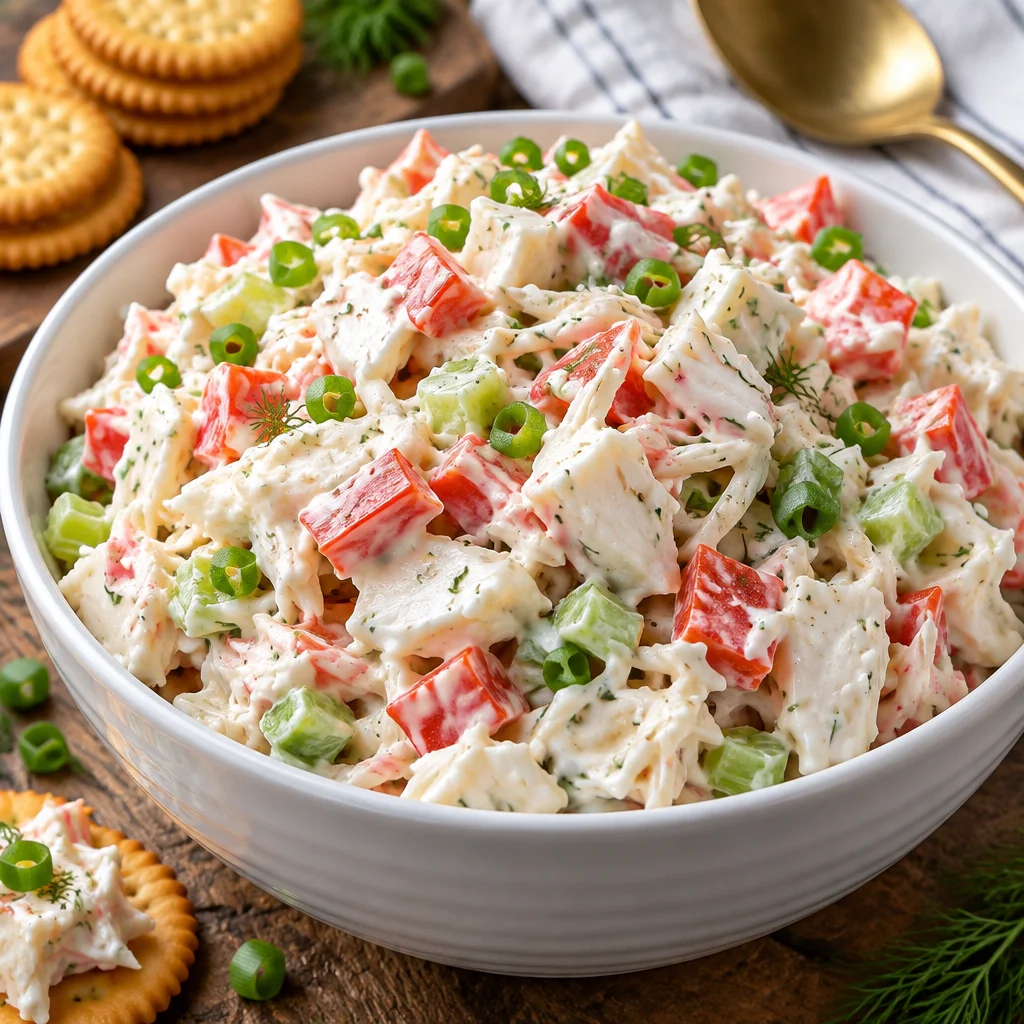 Refreshing imitation crab salad with celery and creamy dressing for a light meal.