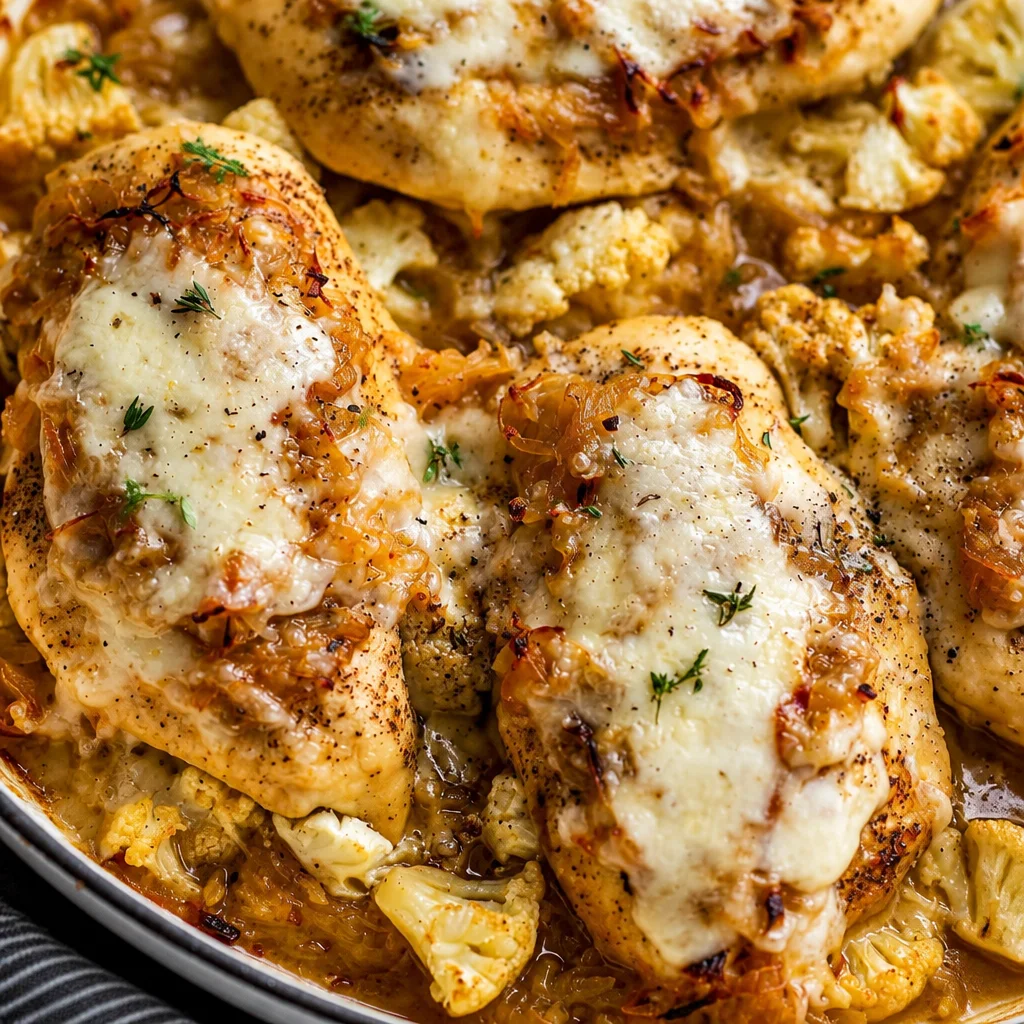 French Onion Chicken Bake with caramelized onions and melted cheese plated for dinner.