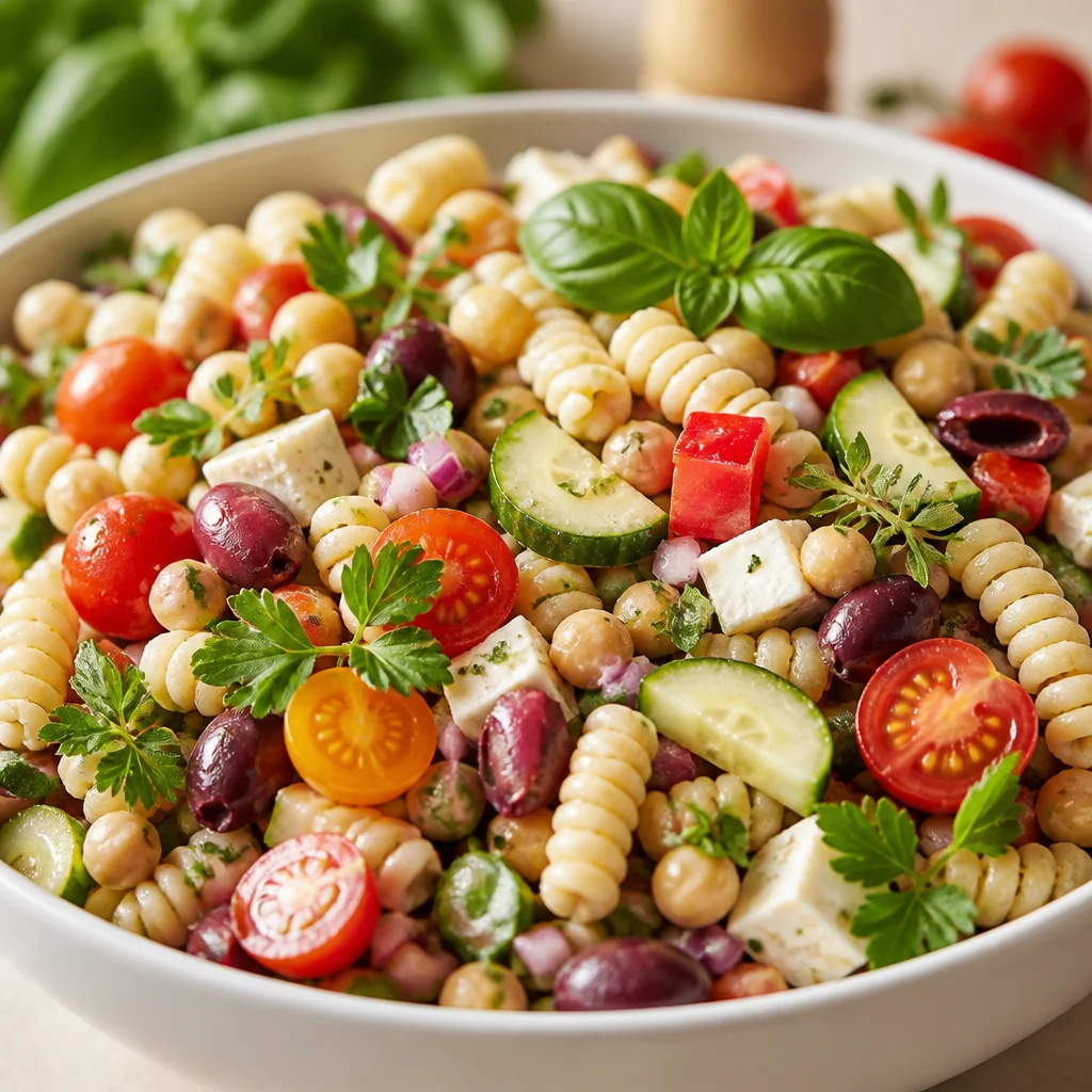 Colorful Greek Pasta Salad with tomatoes, cucumbers, feta cheese, and olives.