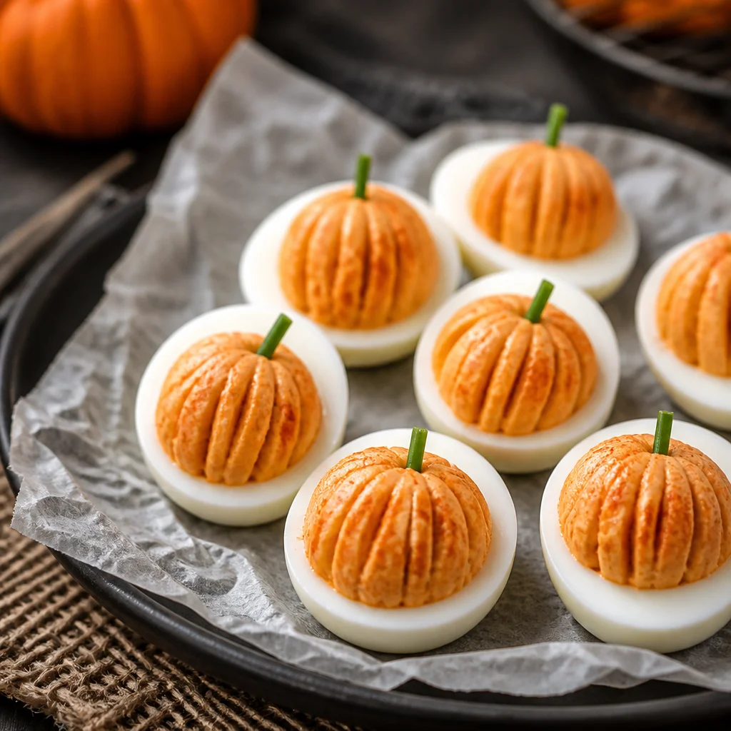 Platter of spooky Halloween Deviled Eggs decorated for a festive Halloween party