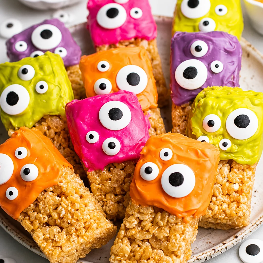 Festive Halloween Rice Krispie Treats decorated for a spooky Halloween party.