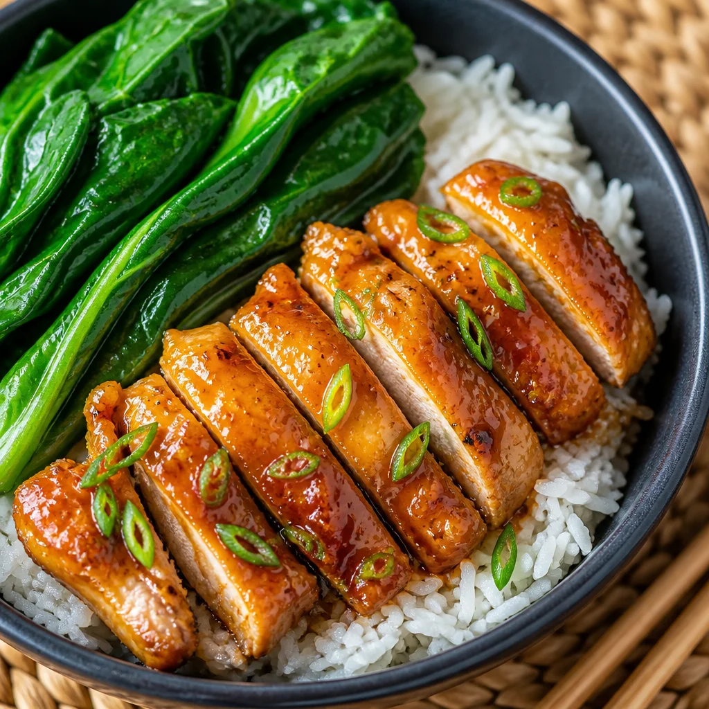 Crispy Honey Garlic Chicken Thighs served with roasted vegetables and rice