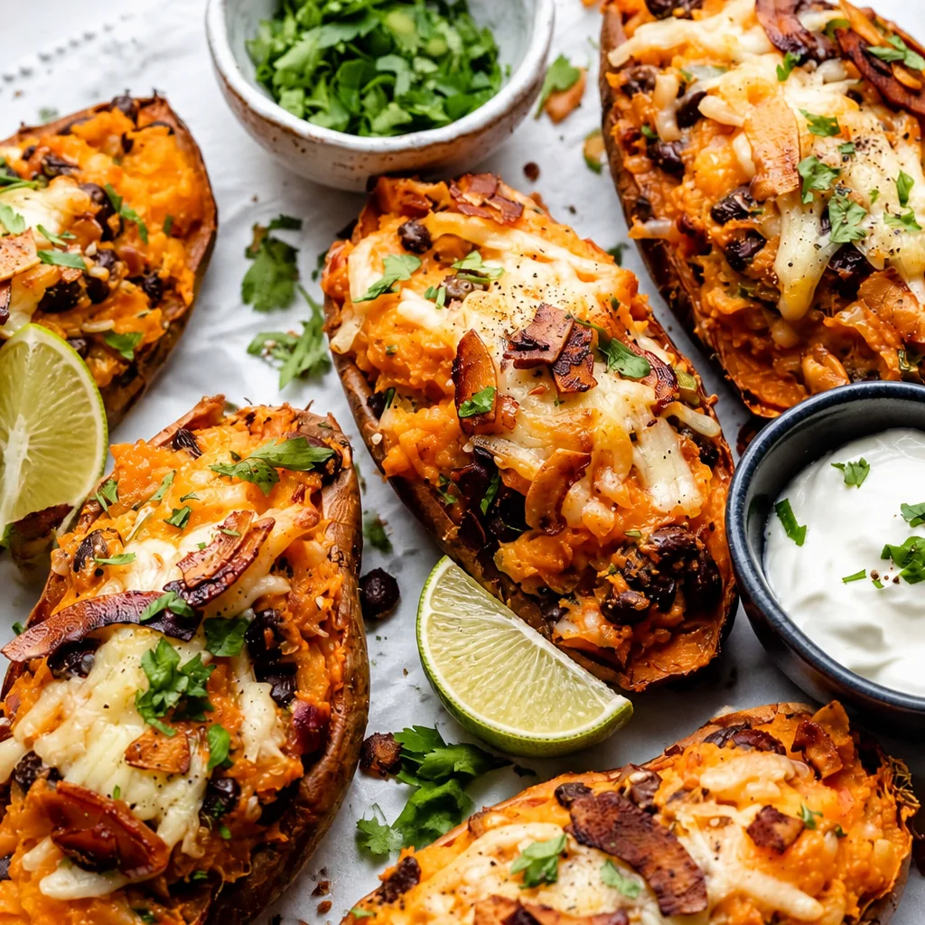 Delicious Loaded Sweet Potato topped with cheddar cheese, crispy bacon, and sour cream.