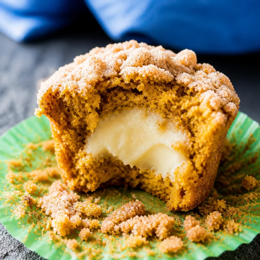Delicious Pumpkin Cream Cheese Muffins with a creamy filling and crumbly topping.