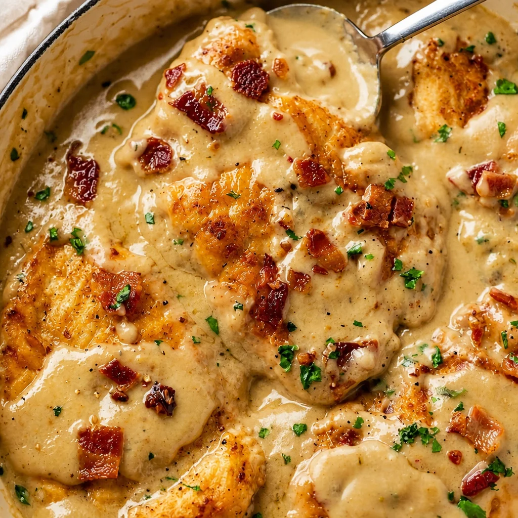 Plate of smothered chicken thighs in rich gravy with onions on the side.