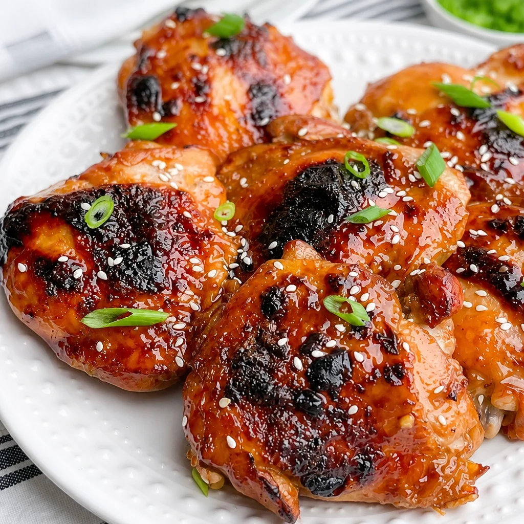 Oven Baked Teriyaki Chicken Thighs plated with sesame seeds and green onions.