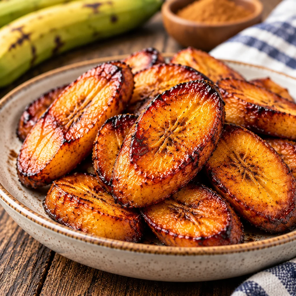 Delicious Air Fryer Sweet Plantains, golden and crispy, served as a side dish.