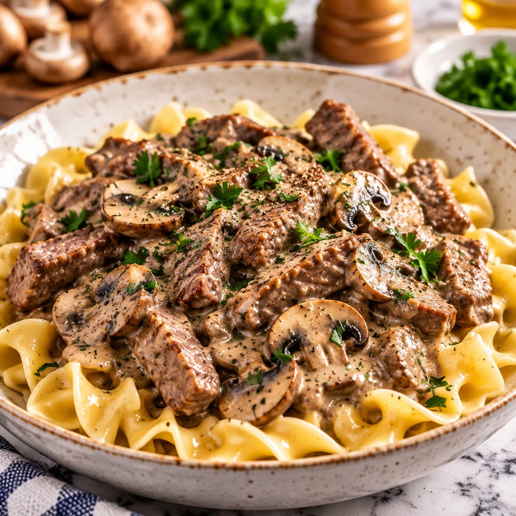 Easy Beef Stroganoff Creamy Mushroom Noodles served in a bowl with fresh herbs.