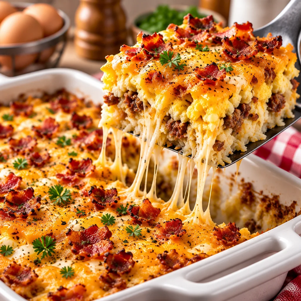 Delicious breakfast casserole with hashbrowns, eggs, and sausage topped with cheese.