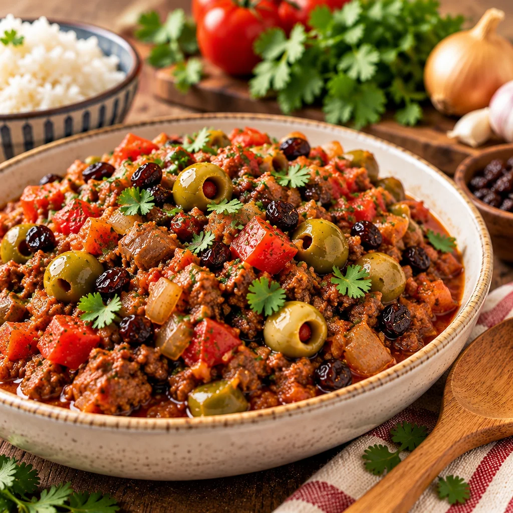 Delicious Cuban Picadillo with ground beef, olives, and spices served in a bowl.