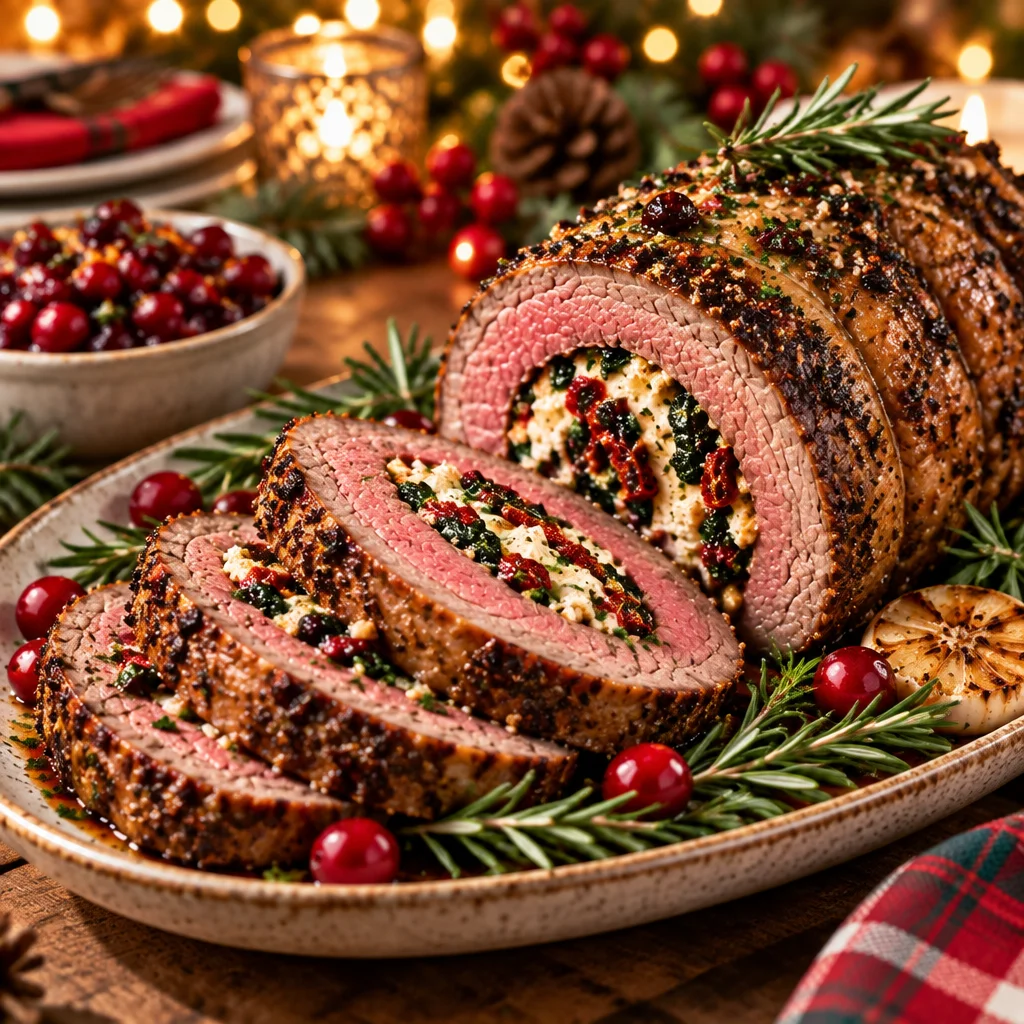Herb and Butter Roasted Beef Tenderloin served with horseradish sauce for Christmas dinner.