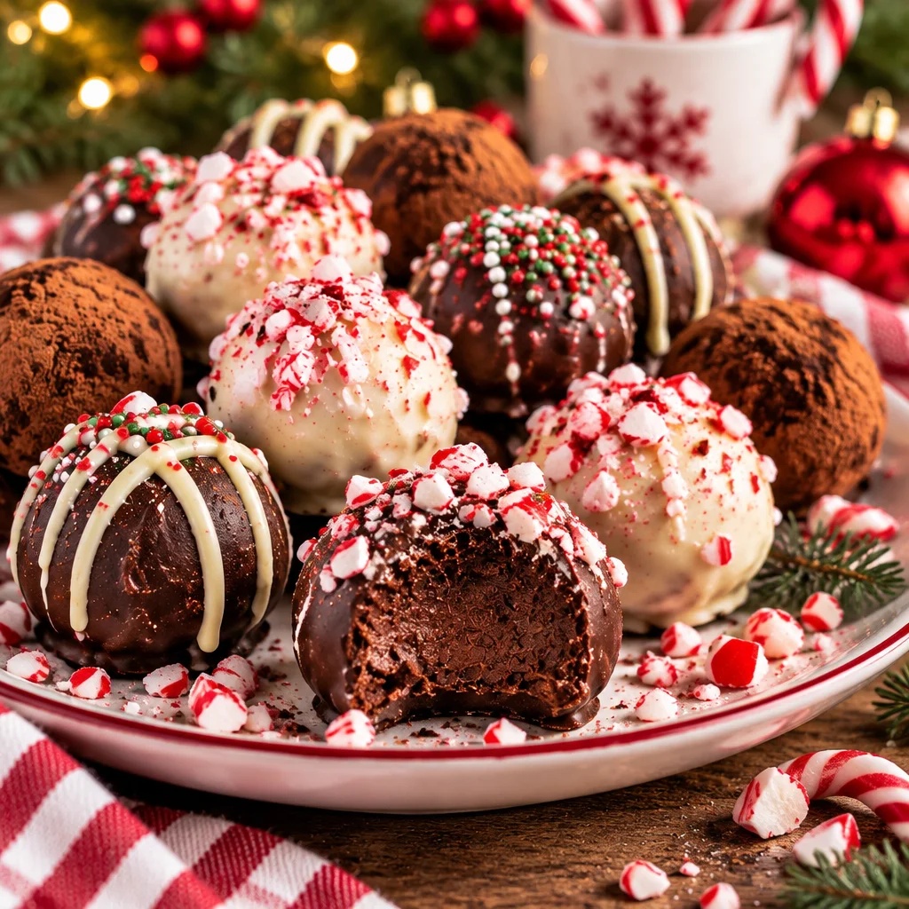 Homemade Christmas truffles decorated with festive sprinkles and toppings.