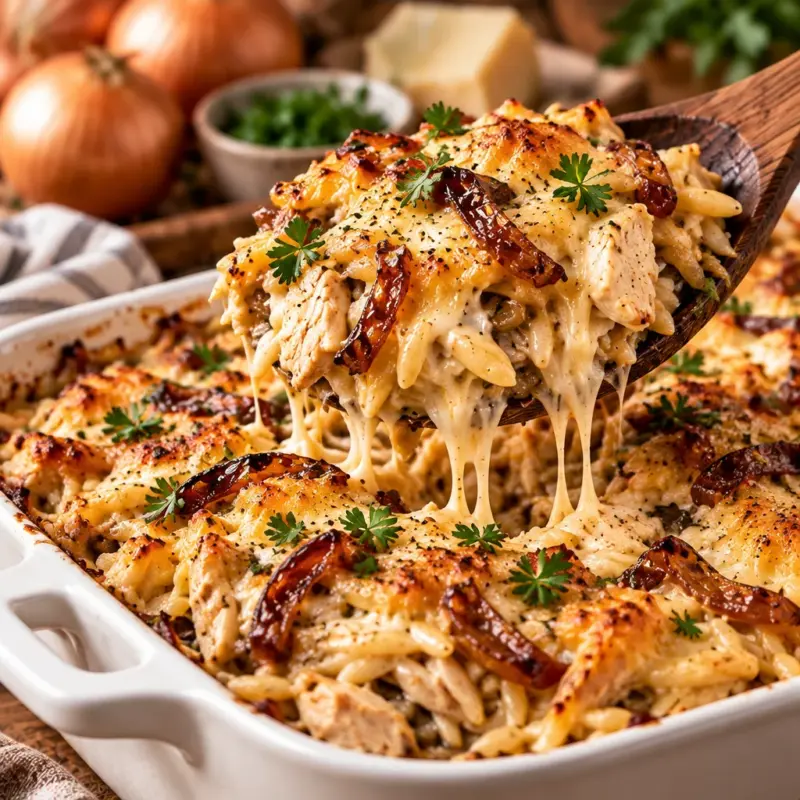 Easy French Onion Chicken Orzo Casserole