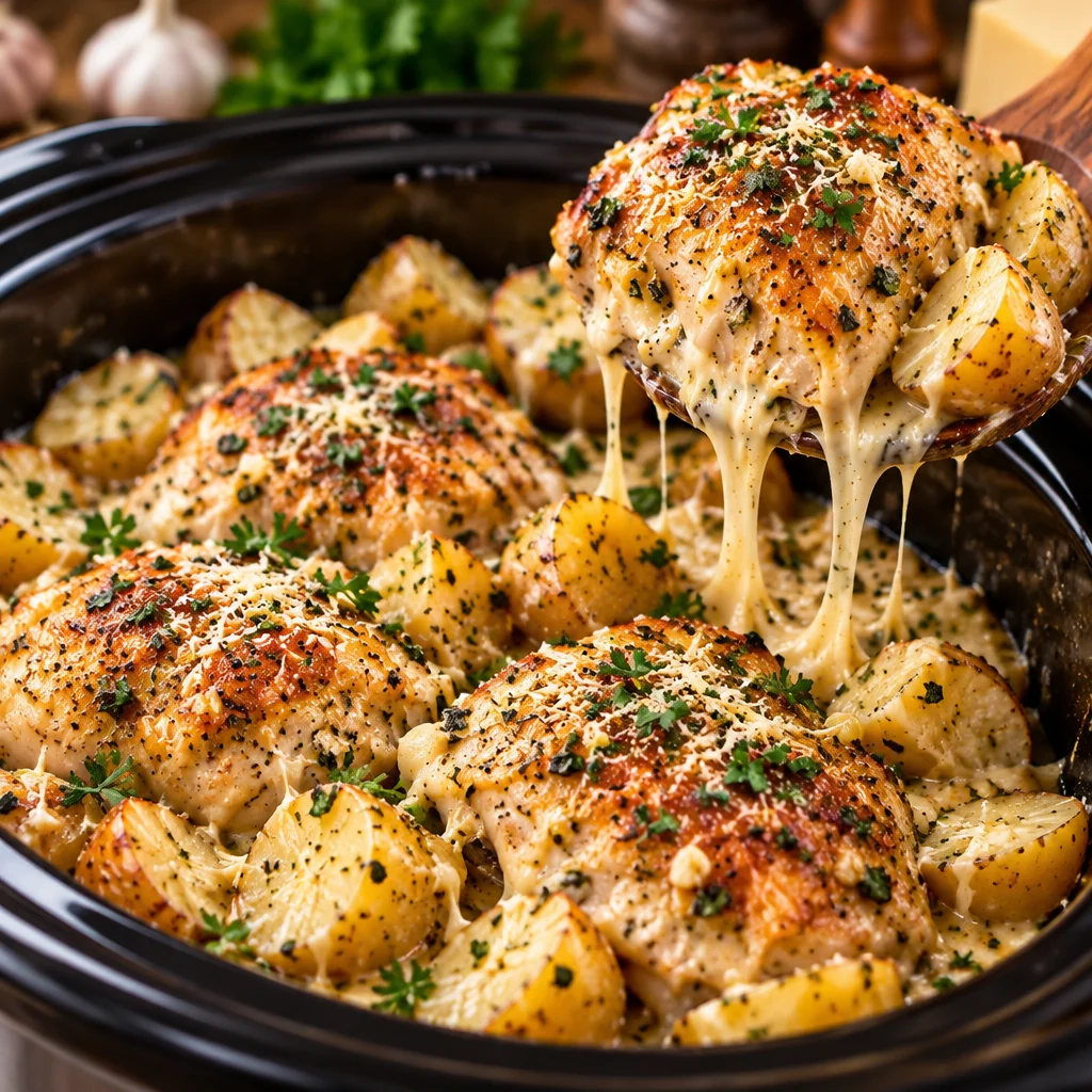Easy Garlic Parmesan Slow Cooker Chicken and Potatoes