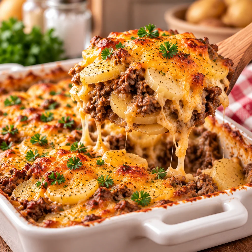 Delicious hobo casserole with ground beef and potatoes served in a cast iron skillet.