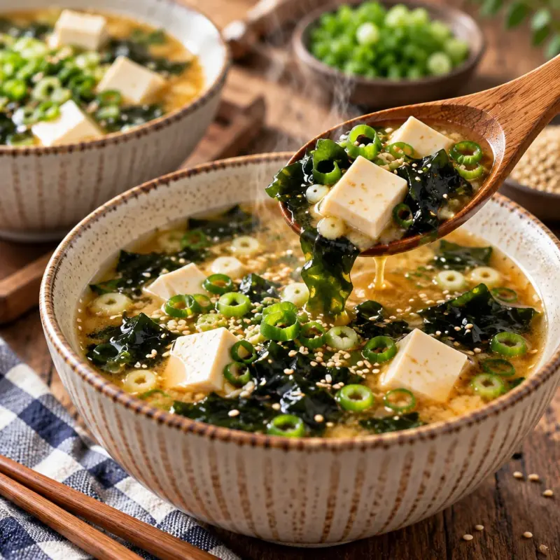 Quick and easy Miso Soup Recipe featuring tofu, greens, and seaweed in a comforting broth.