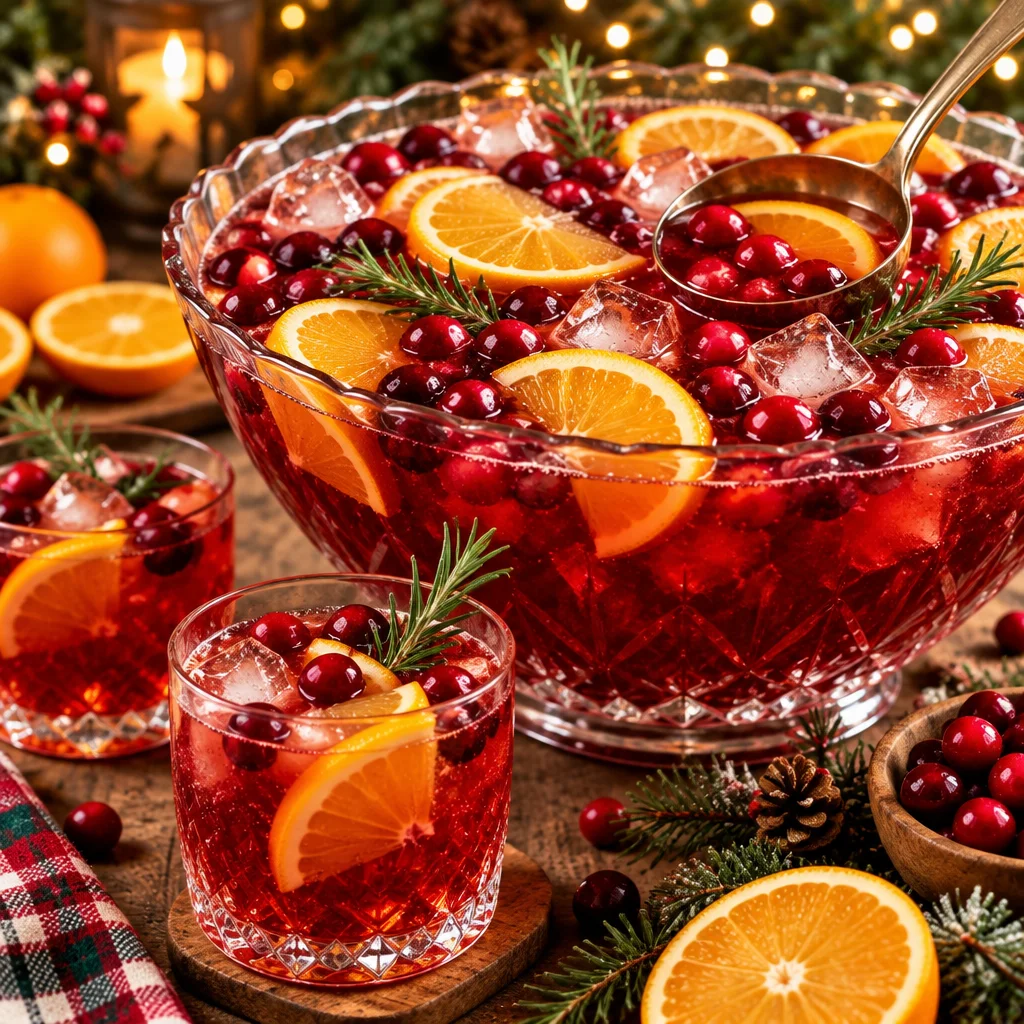 Non Alcoholic Christmas Punch with cranberry, orange, pineapple juice, and ginger ale.