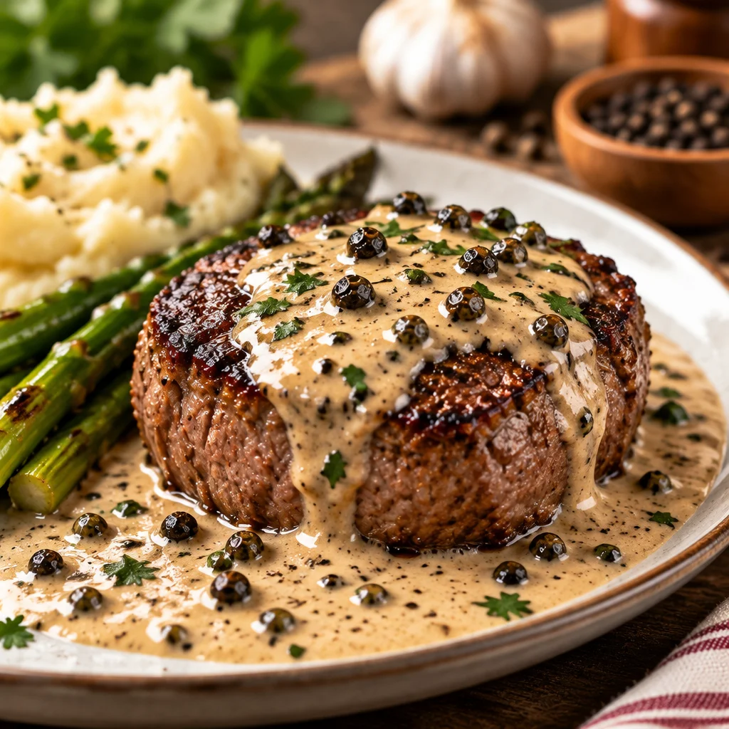 Steak with creamy peppercorn sauce served on a plate, garnished elegantly.