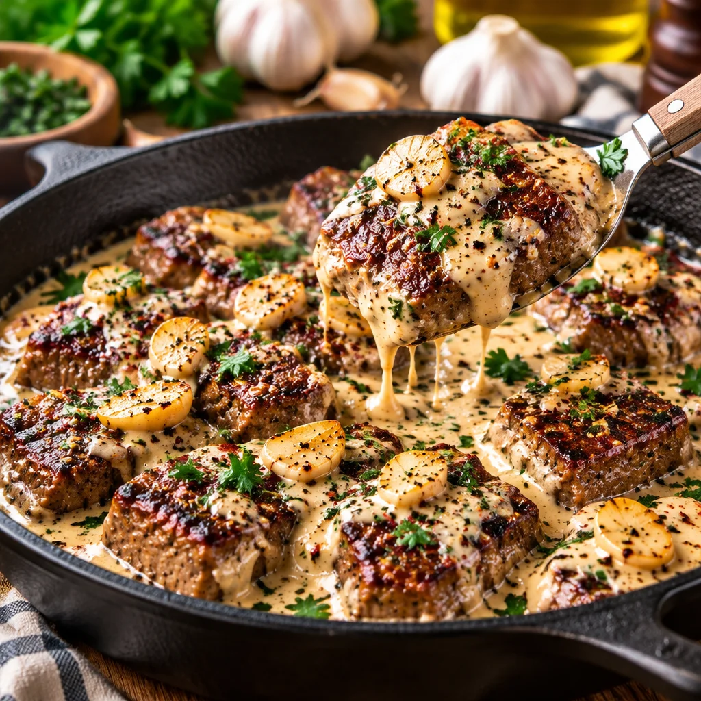 Delicious garlic cream sauce poured over a perfectly cooked steak.