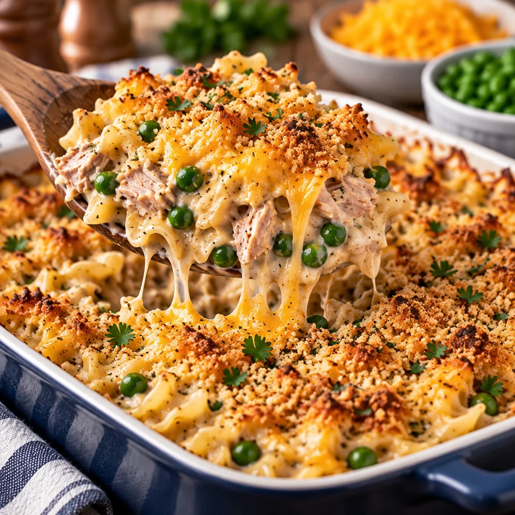 Creamy and delicious Tuna Pasta Bake topped with melted cheese, perfect weeknight dinner.