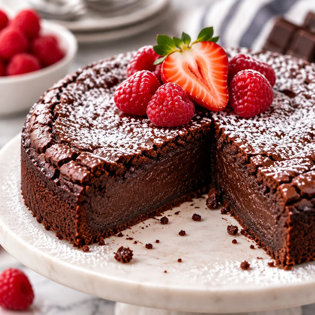 Delicious flourless chocolate cake topped with chocolate ganache and raspberries.