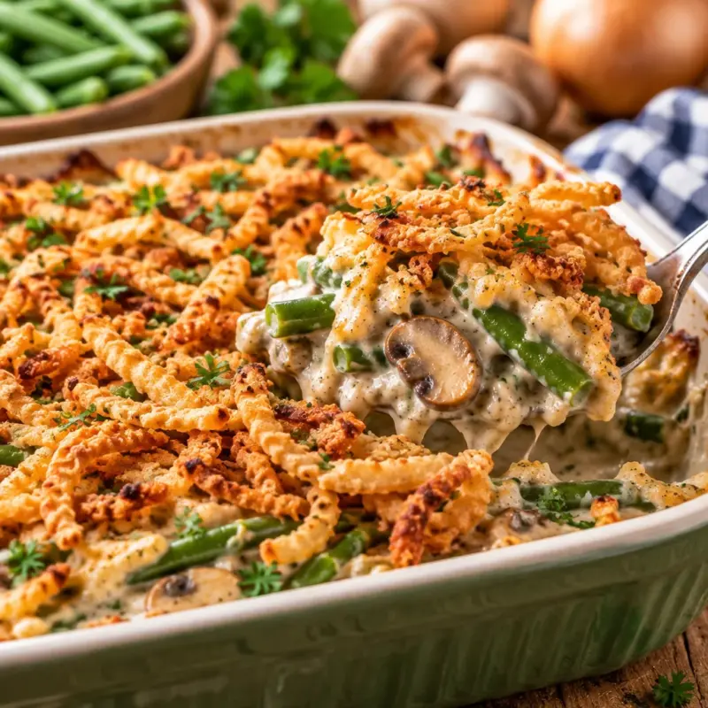 Delicious Easy Green Bean Casserole with cream of mushroom and crispy onions.
