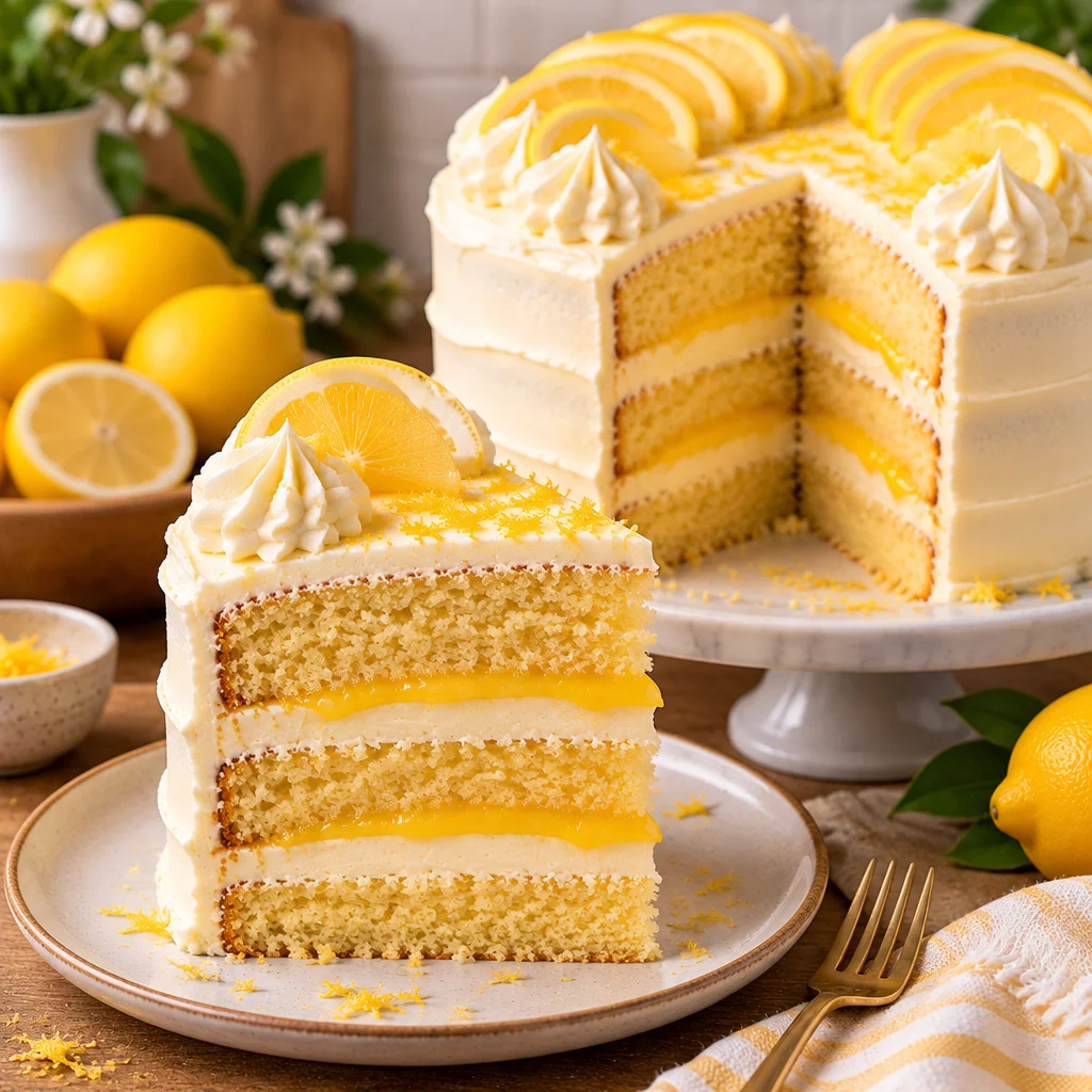A moist lemon layer cake with vibrant lemon cream cheese frosting and fresh lemon slices.