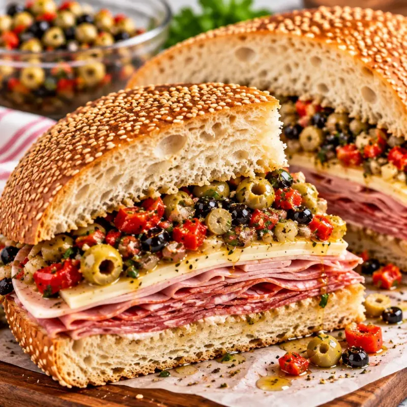 Delicious Muffuletta Sandwich featuring layers of meats, cheese, and olive salad.