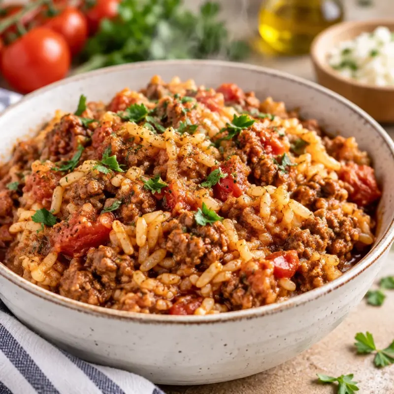 Delicious One Pot Moussaka Beef Rice Pilaf with eggplant and seasoned beef
