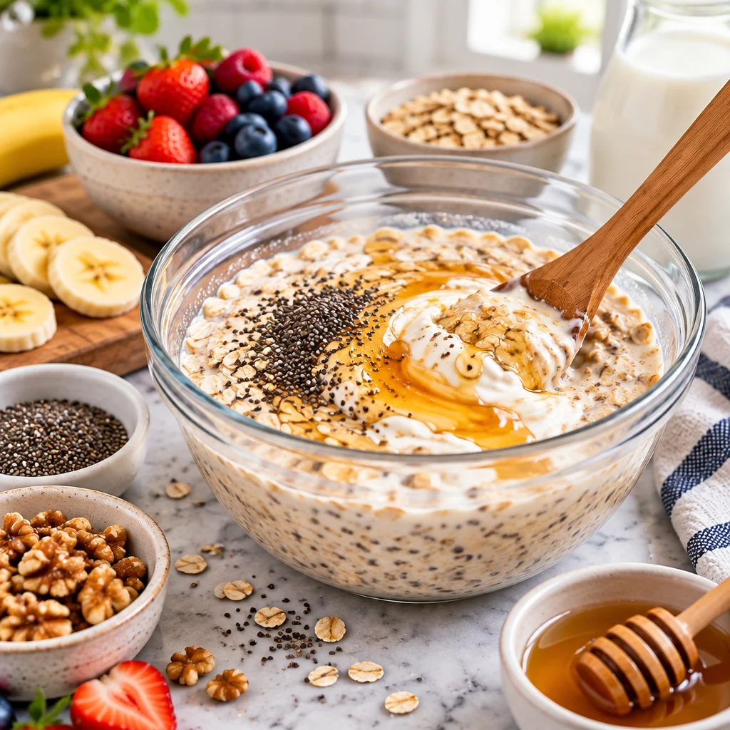 Bowls of easy overnight oats in five delicious flavors for a healthy breakfast.