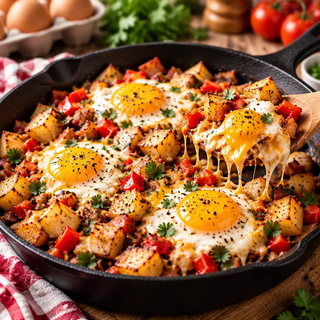 Delicious Potato and Egg Skillet with crispy potatoes and perfectly cooked eggs.